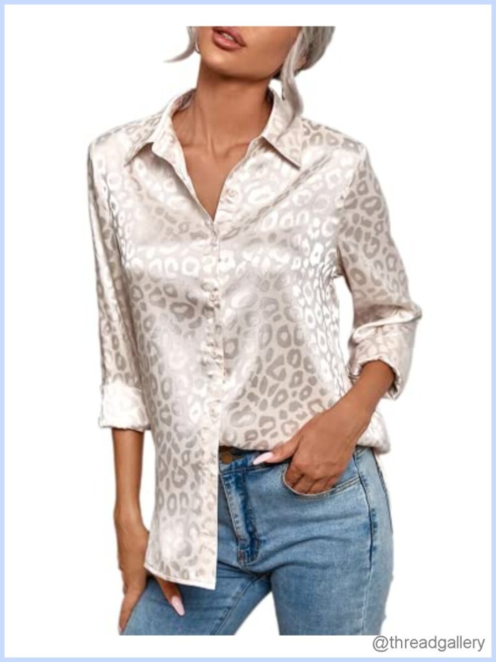 Satin V Neck Button Down Long Sleeve Leopard Print High Low Work Blouse